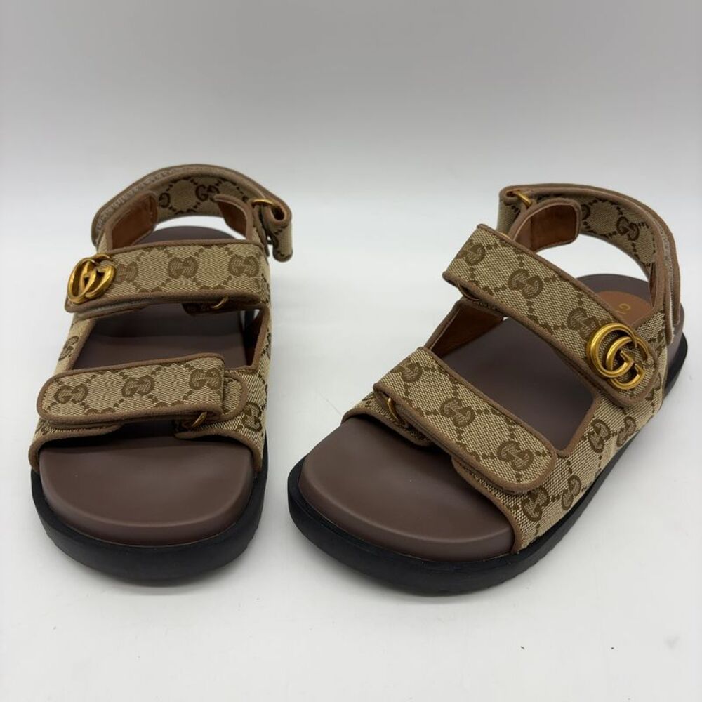 Gucci Brown GG Canvas Sandals with Gold Double G hardware
